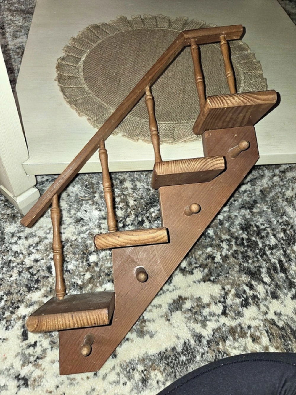 vintage wooden staircase knick-knack display shelf Cottagecore